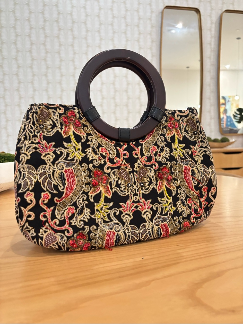 Black Embroidered Floral Handbag with Round Handles